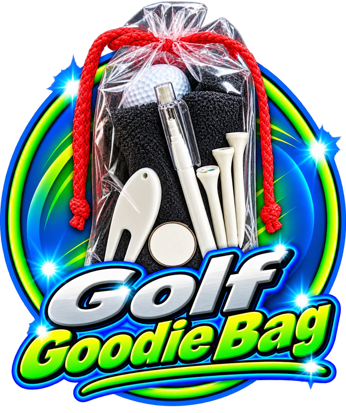 Branded golf goodie bag from Print2theT, packed with printed Srixon golf balls, a logo towel, tees, an Eversharp pencil, a divot tool and a metal ball marker